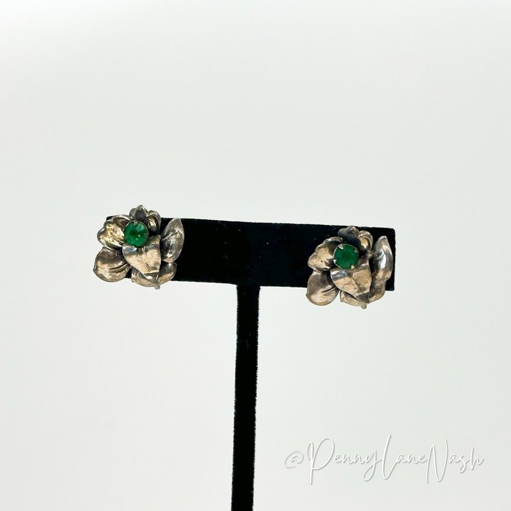 Vintage Silver Rose with Green Rhinestone Earrings